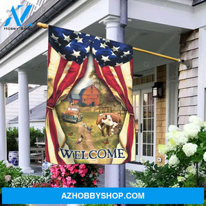 Farm painting, Dairy cow, Green meadow land, US flag, Welcome - Jesus Flag