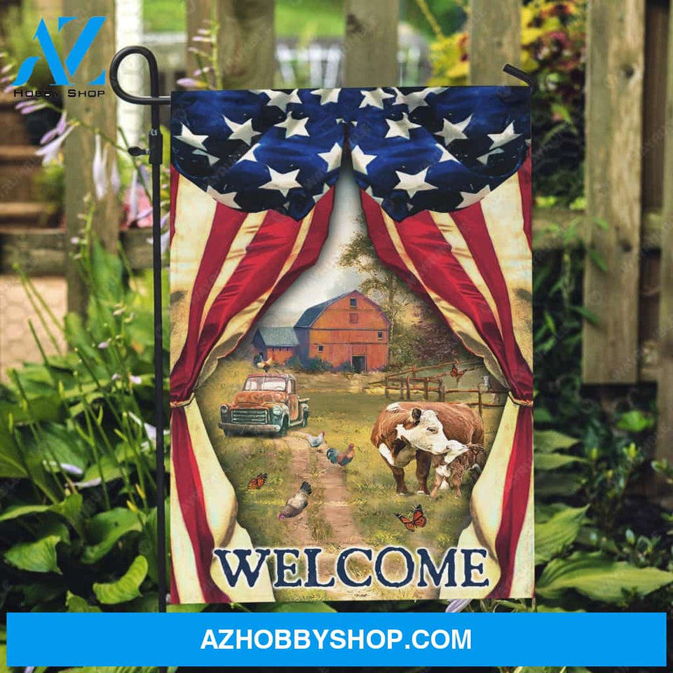 Farm painting, Dairy cow, Green meadow land, US flag, Welcome - Jesus Flag