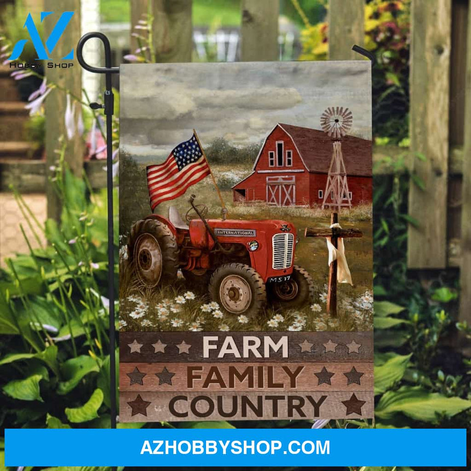 Farm vehicle, Old barn, Daisy field, Cross symbol, Farm, Family, Country - Jesus Flag