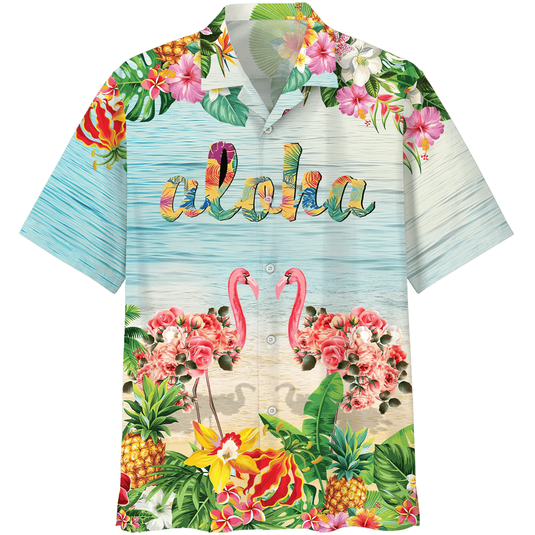 Flamingo Flowers Aloha Print Short Sleeve 