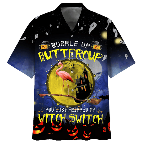 Flamingo Witch Halloween Buckle Up Buttercup You Just Flipped My Witch Switch Print Short Sleeve 