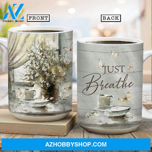 Flower painting, Flower vase by the window, Vintage painting, Just breathe - Jesus, Still arts, AOP Mug