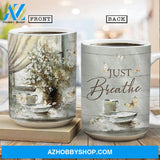 Flower painting, Flower vase by the window, Vintage painting, Just breathe - Jesus, Still arts, AOP Mug