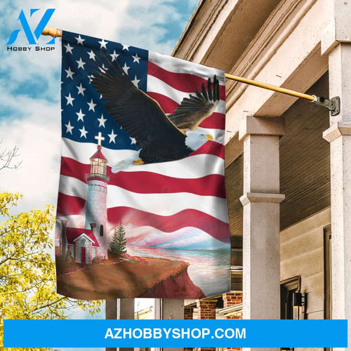 Flying eagle, Red lighthouse, US flag, Countryside painting - Jesus Flag