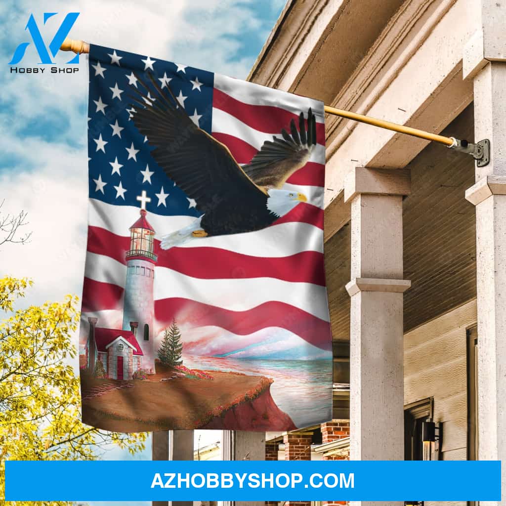 Flying eagle, Red lighthouse, US flag, Countryside painting - Jesus Flag