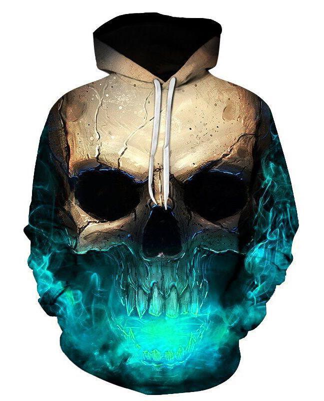 Unisex Hoodie All Over Print Skull Gifts Green Skull Flaming Fire Unisex Hoodie