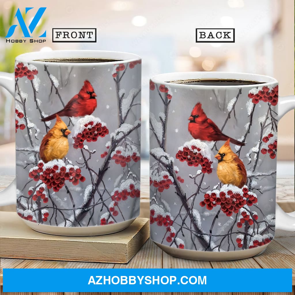 Frozen cranberry, Watercolor cardinal, Winter painting, White snow - Heaven AOP Mug