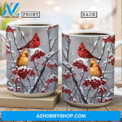 Frozen cranberry, Watercolor cardinal, Winter painting, White snow - Heaven AOP Mug