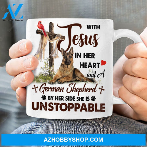 German shepherd dog, Flower drawing, Cardinal, With Jesus in her heart - Jesus White Mug