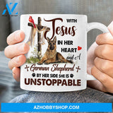 German shepherd dog, Flower drawing, Cardinal, With Jesus in her heart - Jesus White Mug