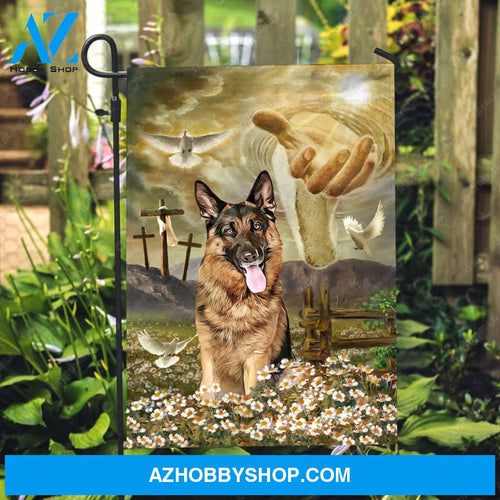 German Shepherd, Dog portrait, Daisy field, Holy spirit dove, Three crosses, The hand of God - Jesus Flag