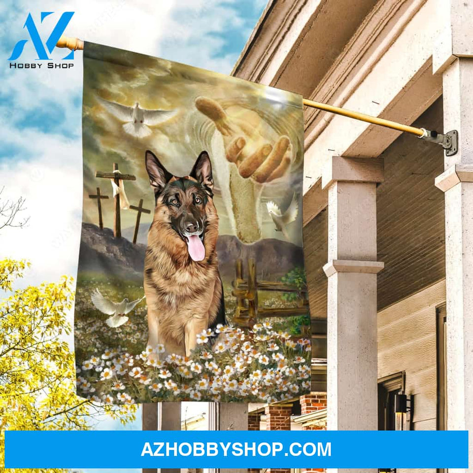 German Shepherd, Dog portrait, Daisy field, Holy spirit dove, Three crosses, The hand of God - Jesus Flag