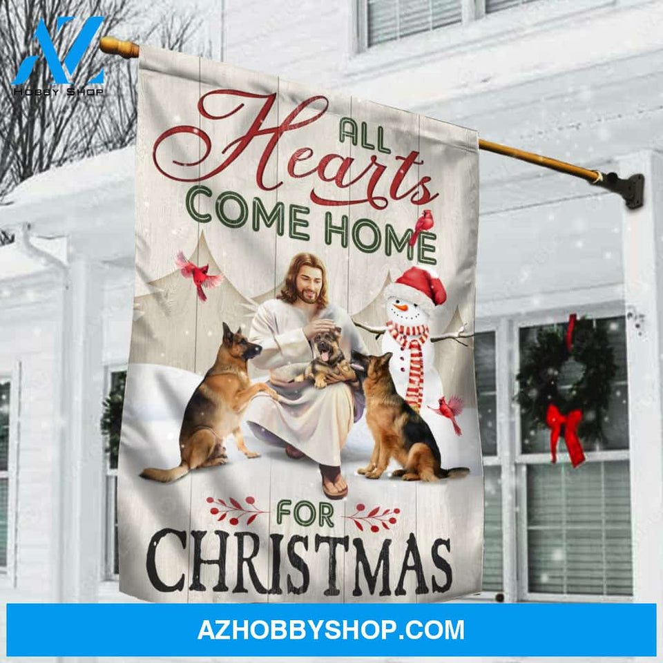 German Shepherd dogs, Snowman painting, Happy Jesus, All hearts come home for Christmas - Jesus Flag