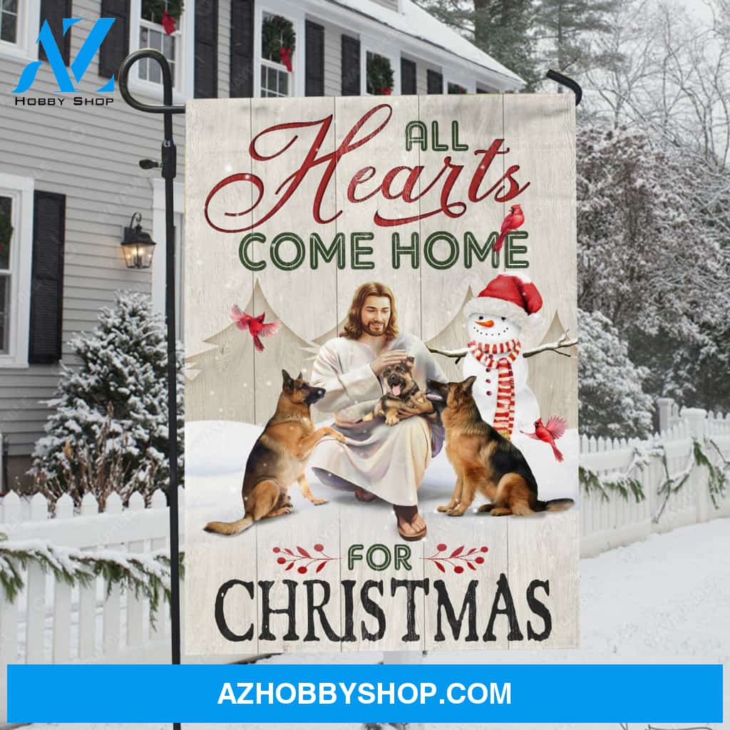 German Shepherd dogs, Snowman painting, Happy Jesus, All hearts come home for Christmas - Jesus Flag
