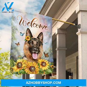 German shepherd drawing, Colorful butterfly, Sunflower, Welcome - German shepherd Flag