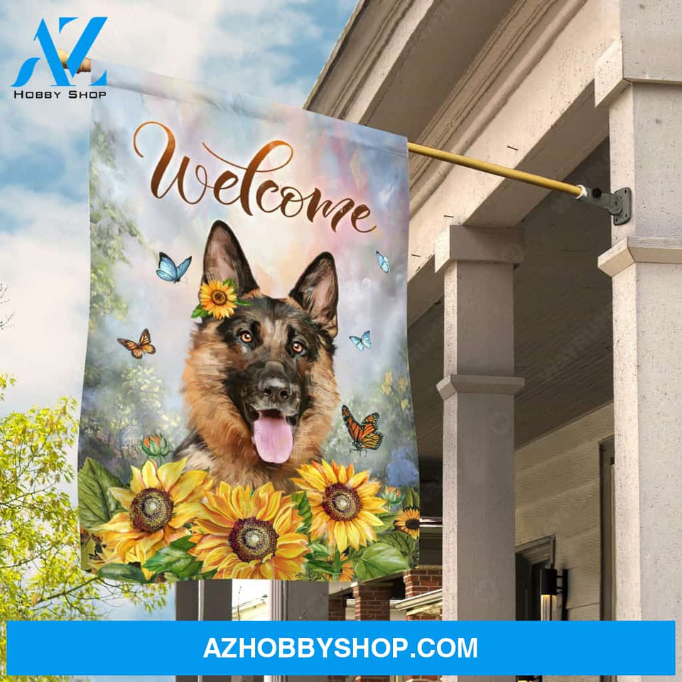 German shepherd drawing, Colorful butterfly, Sunflower, Welcome - German shepherd Flag