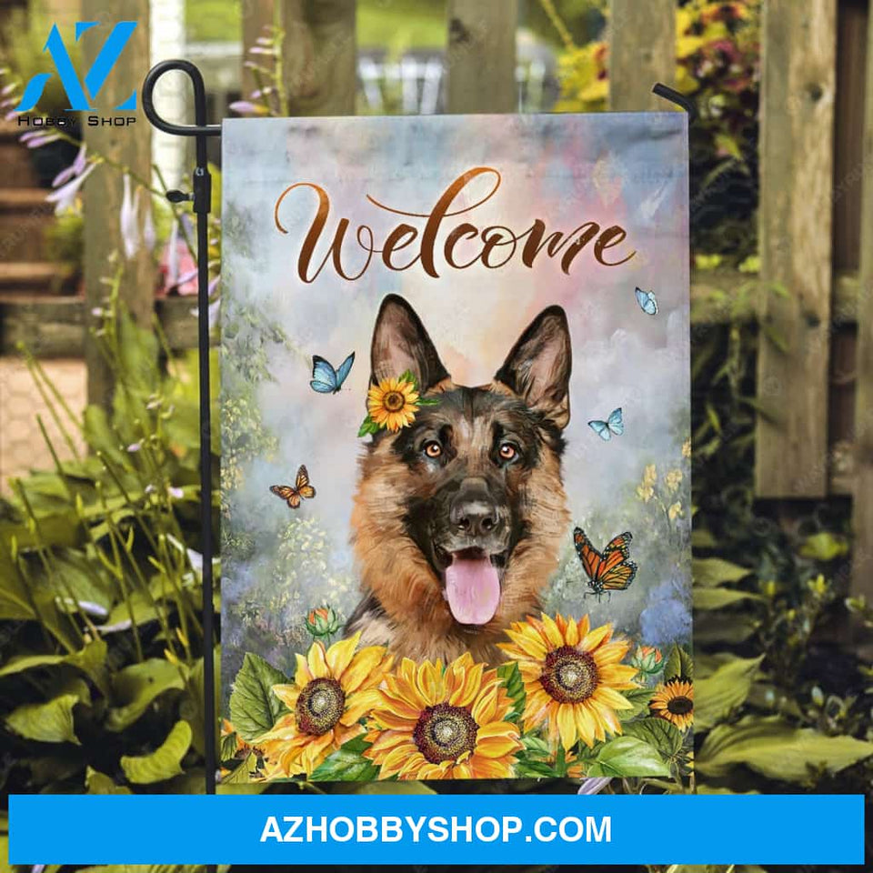 German shepherd drawing, Colorful butterfly, Sunflower, Welcome - German shepherd Flag