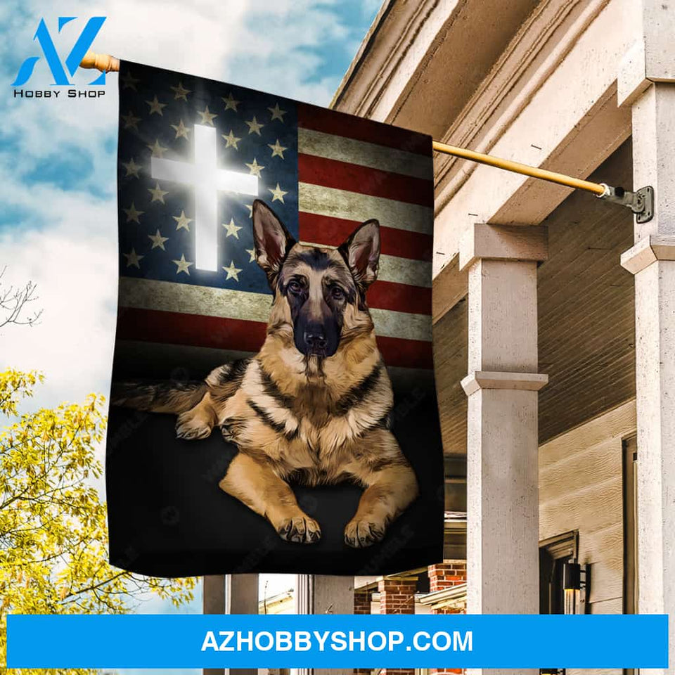 German shepherd drawing, Unique cross, US flag - German shepherd Flag