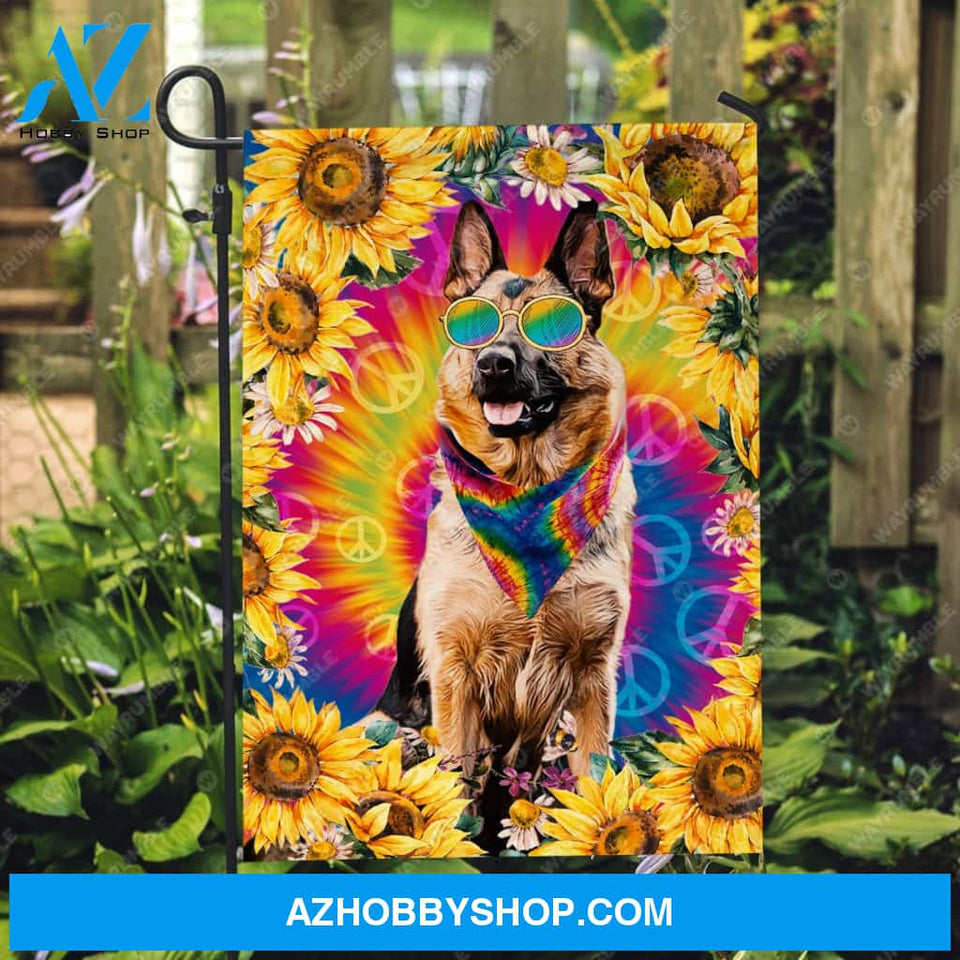 German shepherd, Hippie style, Sunflower, Peace sign, Rainbow sunglass - German Shepherd Flag