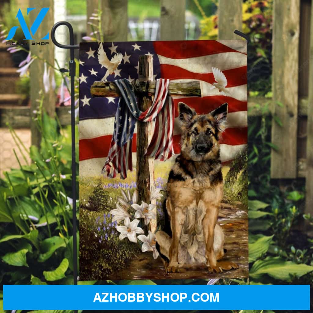 German Shepherd painting, Old US flag, Lily flower, Wooden cross - Jesus Flag