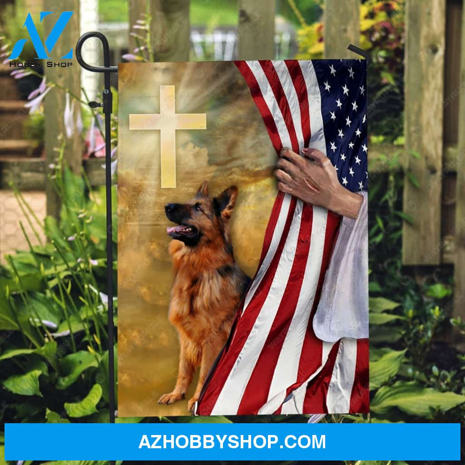 German Shepherd, US flag, Cross symbol, Light from heaven - Jesus Flag