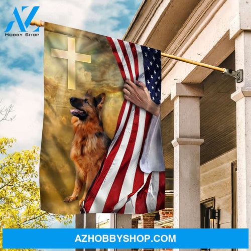 German Shepherd, US flag, Cross symbol, Light from heaven - Jesus Flag