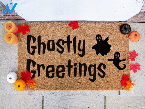 Ghostly Greetings Door Mat - Halloween Welcome Mat - Seasonal Doormat - Fall Decor - Home Decor - Halloween Decor -