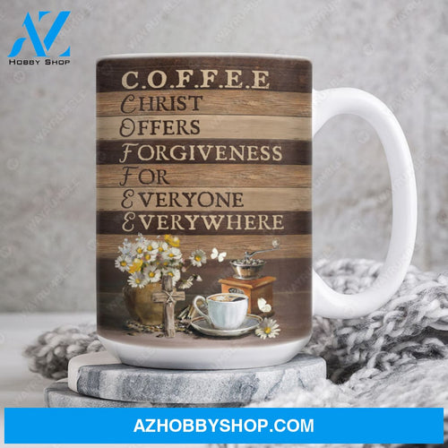 Gift for coffee lover, Daisy drawing, Cross, Christ offers forgiveness for everyone everywhere - Jesus AOP Mug