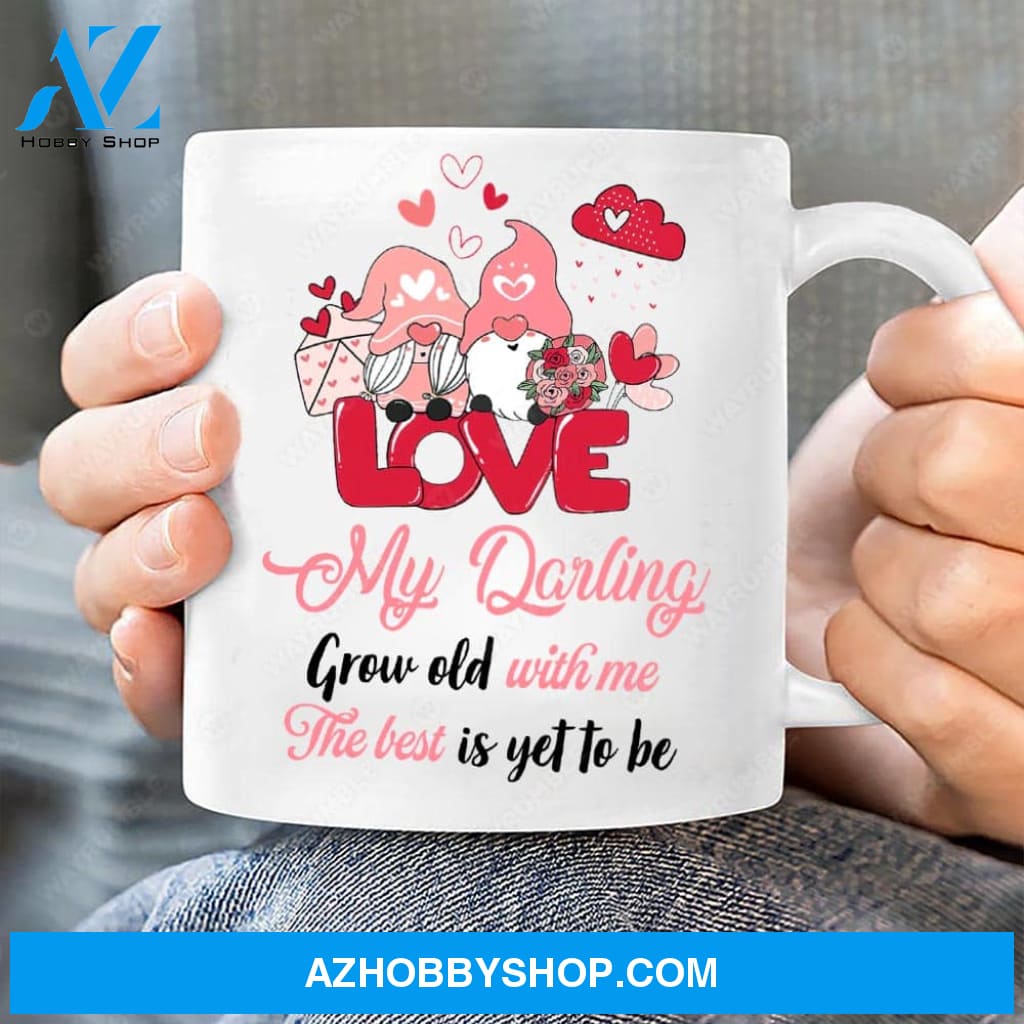 Gnome couple, Pink heart painting, Grow old with me, The best is yet to be - Couple White Mug