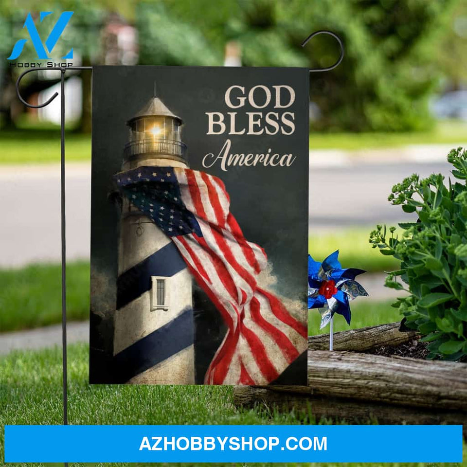 Gorgeous lighthouse, Black background, God bless America- Jesus Flag