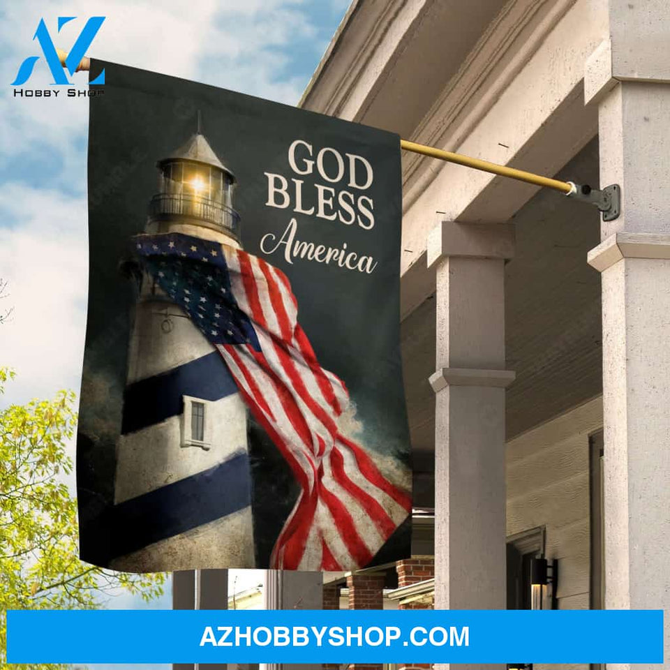 Gorgeous lighthouse, Black background, God bless America- Jesus Flag