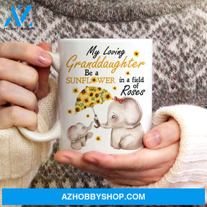 Grandma to granddaughter, Watercolor elephant, Sunflower painting, Be a sunflower in a field of roses - Family White Mug