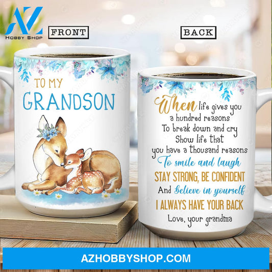 Grandma to grandson, Brown deer drawing, Light blue flower, I always have your back - Family AOP Mug