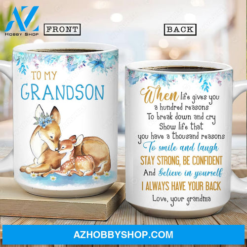 Grandma to grandson, Brown deer drawing, Light blue flower, I always have your back - Family AOP Mug