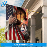 Great Jesus painting, Beautiful sunrise, American flag, Three men on Calvary's crosses - Jesus Flag
