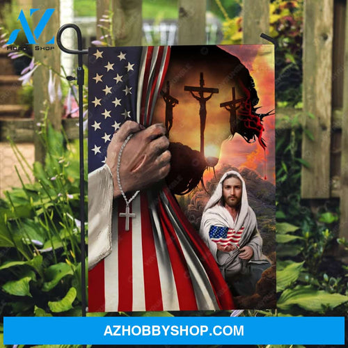 Great Jesus painting, Beautiful sunrise, American flag, Three men on Calvary's crosses - Jesus Flag