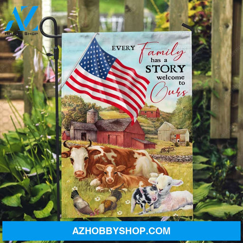Green meadow land, Dairy cow, Beautiful US flag, Every family has a story welcome to ours - Family Flag