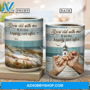 Hand in hand, Lighthouse drawing, Ocean painting, Grow old with me and we live happily ever after - Couple AOP Mug