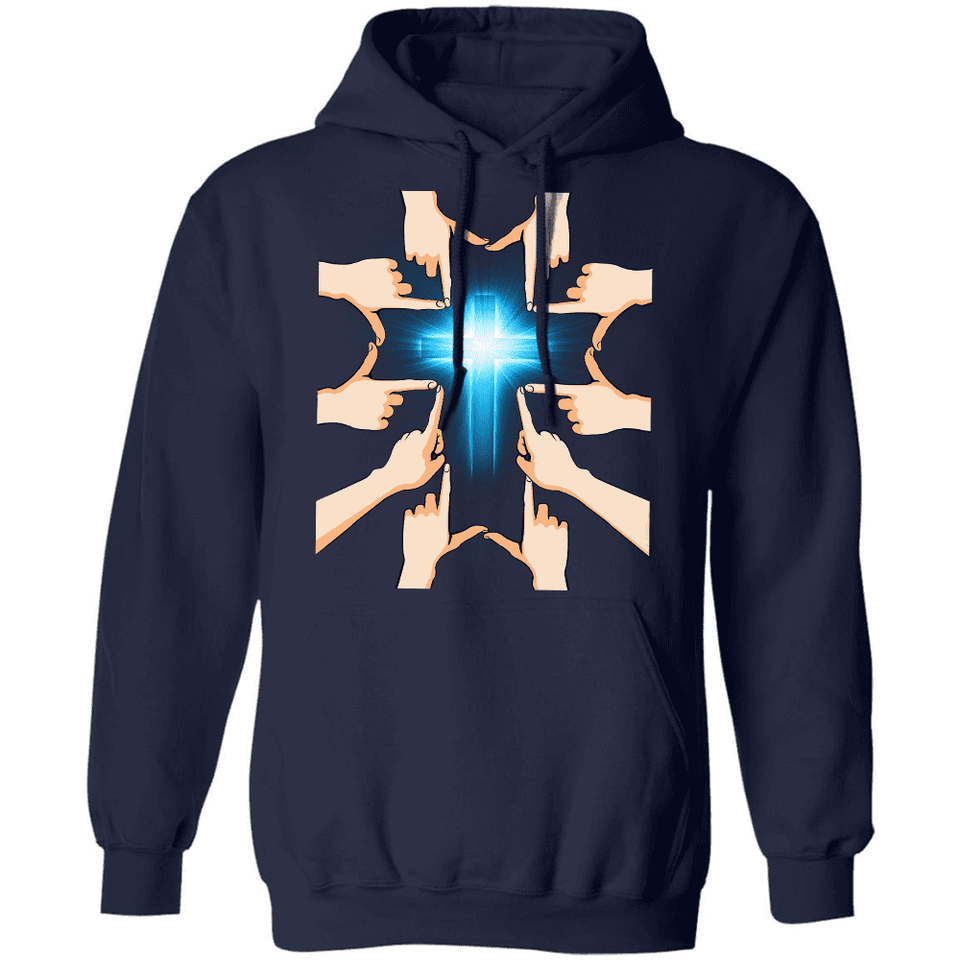 Hands forming a cross - Beautiful blue cross Jesus Apparel