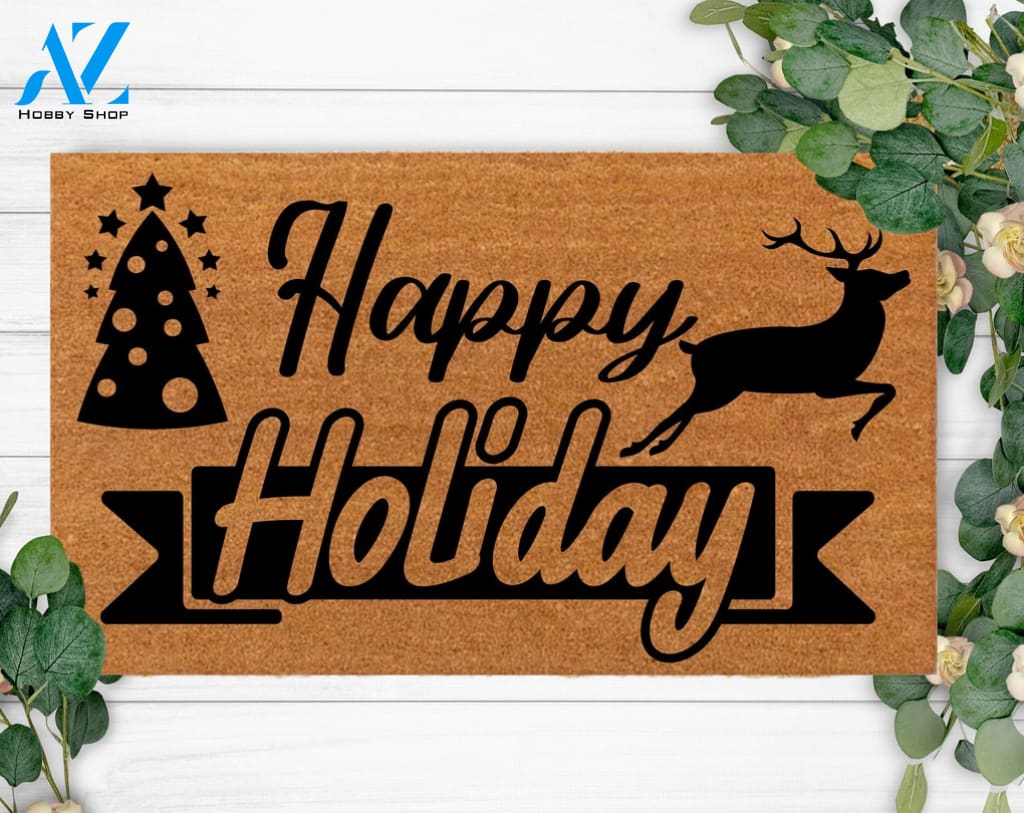 Happy Holiday Custom Design Pet Rug Cute Front Doormat Family Name Present For Her & Him Porch Decor