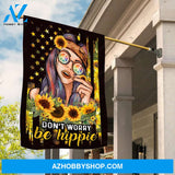 Hippie girl, Sunflower background, US flag, Don't worry, Be hippie - Jesus Flag