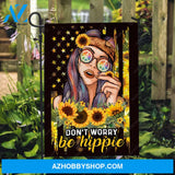 Hippie girl, Sunflower background, US flag, Don't worry, Be hippie - Jesus Flag