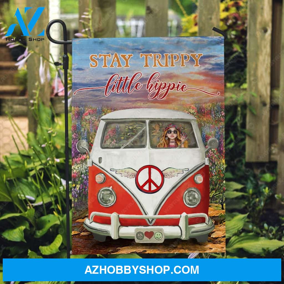 Hippie girl, Hippie van, Colorful flower, Peace sign, Stay trippy little hippie - Jesus Flag