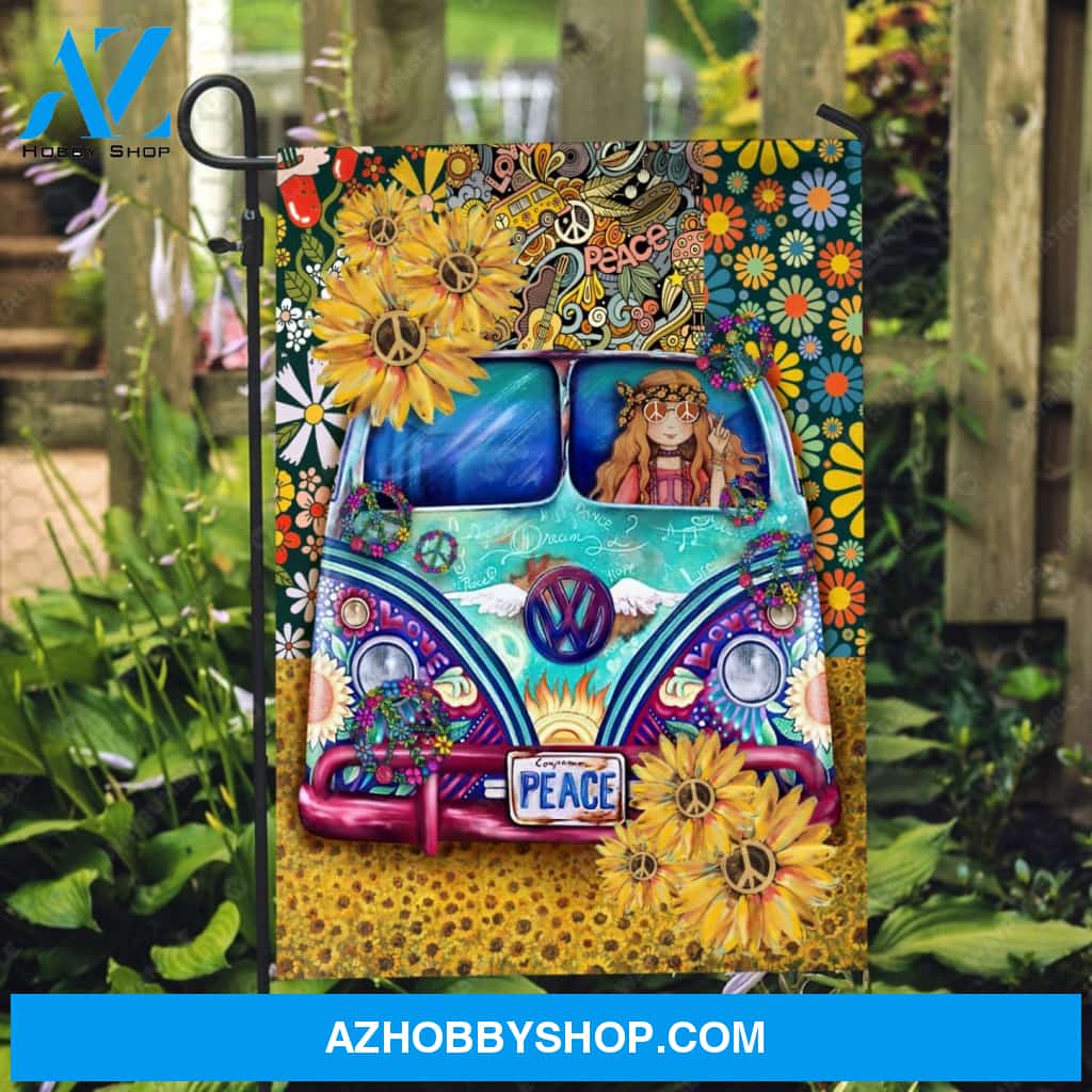 Hippie girl, Hippie van, Sunflower painting, Doodle art, Day of peace - Jesus Flag