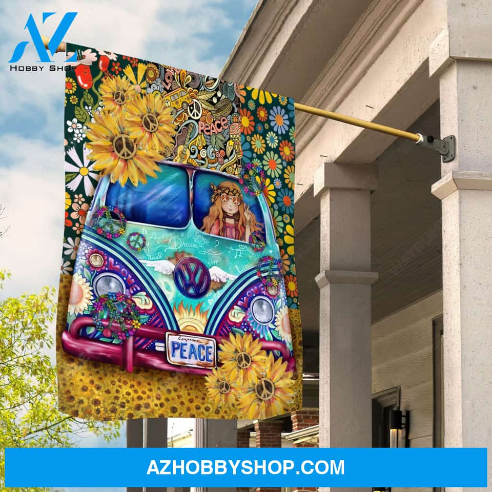 Hippie girl, Hippie van, Sunflower painting, Doodle art, Day of peace - Jesus Flag