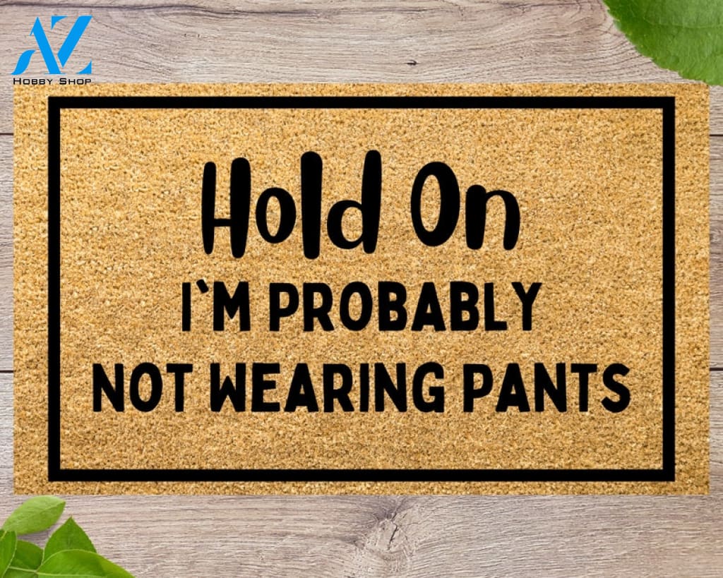 Hold On I'm probably not wearing pants Funny Doormat Welcome Mat Funny Door Mat Funny Gift Home Doormat