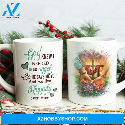 Holding hands, On the flower field, God knew I needed an angel so he gave me you - Couple White Mug