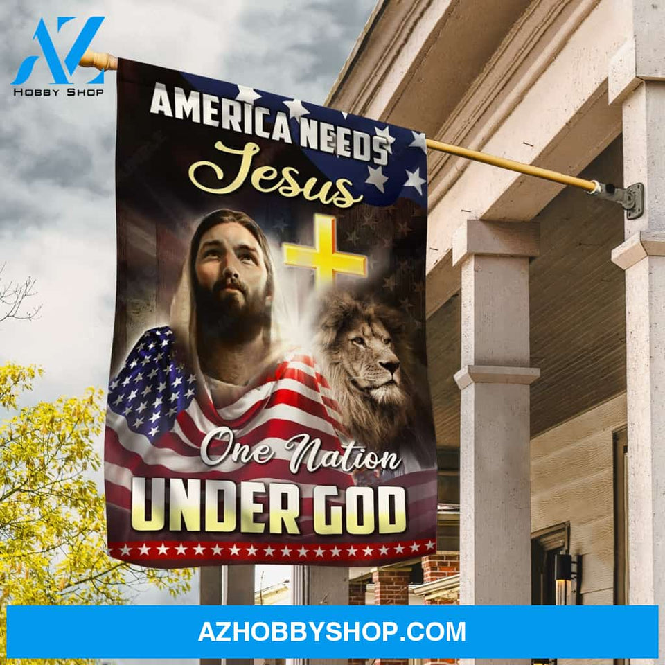 Home Decor, Pretty Jesus painting, Face of lion, Yellow cross, America needs Jesus - Jesus Flag