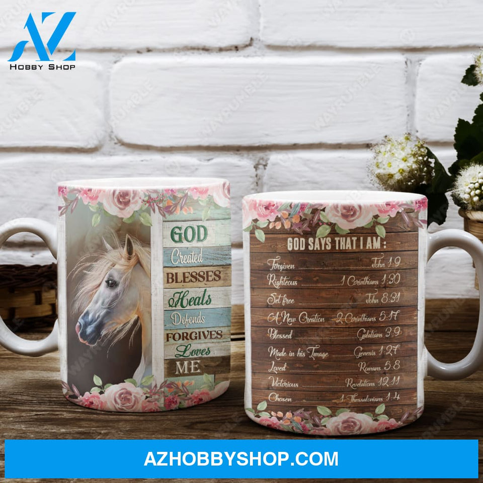 Horse, Flower, Bible - God created, blesses, heals, forgives, loves me Jesus AOP Mug