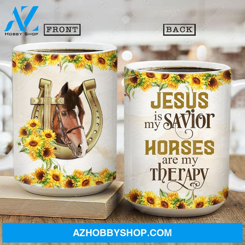 Horse painting, Sunflower, Jesus is my savior, Horses are my therapy - Jesus AOP Mug
